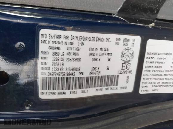 2005 Dodge Caravan SE with VIN 1D4GP24R75B108449, listed as a IAAI auction lot 41734639 with 266,376 mi miles and . Bid and sale history available at DreamBid. Image 9.