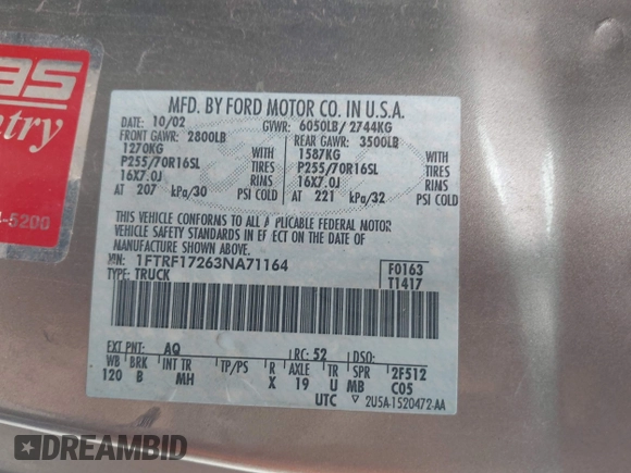 2003 Ford F-150 XL z VIN 1FTRF17263NA71164, wystawiony jako IAAI lot #42602488 z przebiegiem Nie podano mil oraz . Historia ofert i sprzedaży dostępna na DreamBid. Obrazek 9.