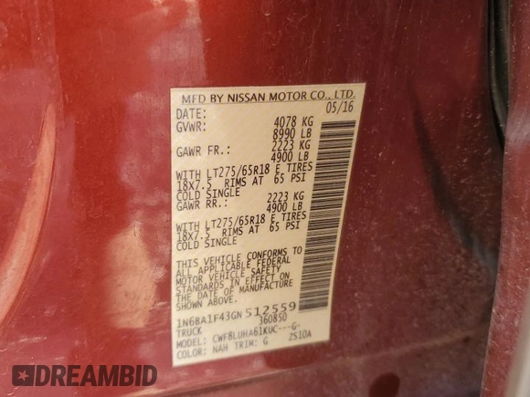 2016 Nissan Titan XD PRO-4X with VIN 1N6BA1F43GN512559, listed as a Copart auction lot 76691104 with 0 mi miles and Salvage Title. Bid and sale history available at carsss.com. Image 12.