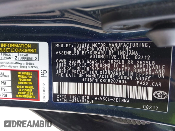 2012 Toyota Camry L z VIN 4T4BF1FK8CR207904, wystawiony jako IAAI lot #41909263 z przebiegiem 201 747 mil mil oraz . Historia ofert i sprzedaży dostępna na DreamBid. Obrazek 9.
