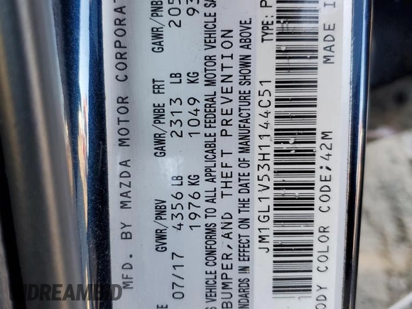 2017 Mazda Mazda6 Touring with VIN JM1GL1V53H1144051, listed as a Copart auction lot 49391565 with 119,184 mi miles and Salvage Title. Bid and sale history available at carsss.com. Image 12.