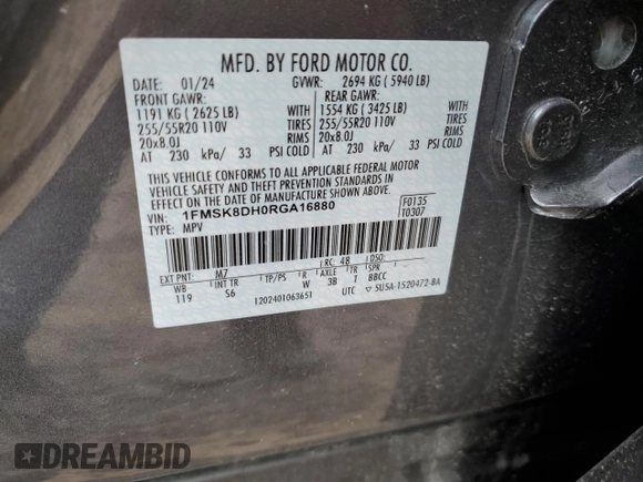 2024 Ford Explorer XLT with VIN 1FMSK8DH0RGA16880, listed as a Copart auction lot 43698245 with 5,783 mi miles and Clean Title. Bid and sale history available at carsss.com. Image 13.