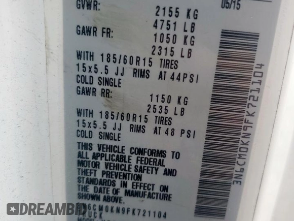 2015 Nissan NV200 S with VIN 3N6CM0KN9FK721104, listed as a Copart auction lot 57464775 with 236,441 mi miles and Salvage title. Bid and sale history available at DreamBid. Image 14.