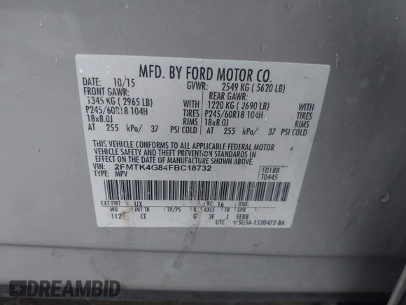 2015 Ford Edge SE z VIN 2FMTK4G84FBC18732, wystawiony jako IAAI lot #40458954 z przebiegiem 145 045 mil mil oraz . Historia ofert i sprzedaży dostępna na DreamBid. Obrazek 9.