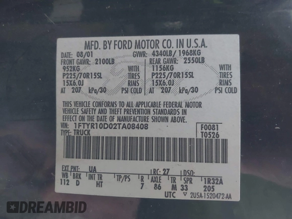 2002 Ford Ranger XL with VIN 1FTYR10D02TA08408, listed as a IAAI auction lot 41599063 with 248,040 mi miles and . Bid and sale history available at DreamBid. Image 9.
