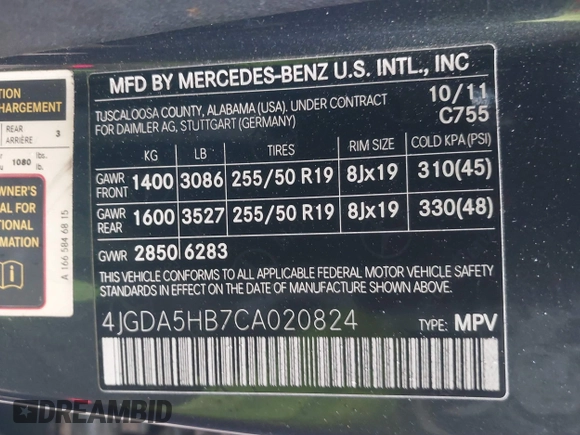 2012 Mercedes-Benz M 350 z VIN 4JGDA5HB7CA020824, wystawiony jako IAAI lot #41774135 z przebiegiem 157 816 mil mil oraz . Historia ofert i sprzedaży dostępna na DreamBid. Obrazek 9.
