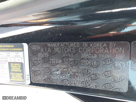 2016 Kia Forte LX with VIN KNAFK4A62G5466215, listed as a IAAI auction lot 41698637 with 116,544 mi miles. Bid and sale history available at carsss.com. Image 9.