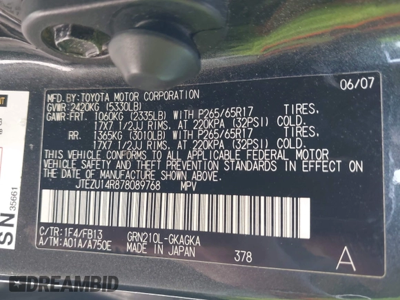 2007 Toyota 4Runner SR5 with VIN JTEZU14R878089768, listed as a IAAI auction lot 41997364 with 189,295 mi miles and . Bid and sale history available at DreamBid. Image 9.
