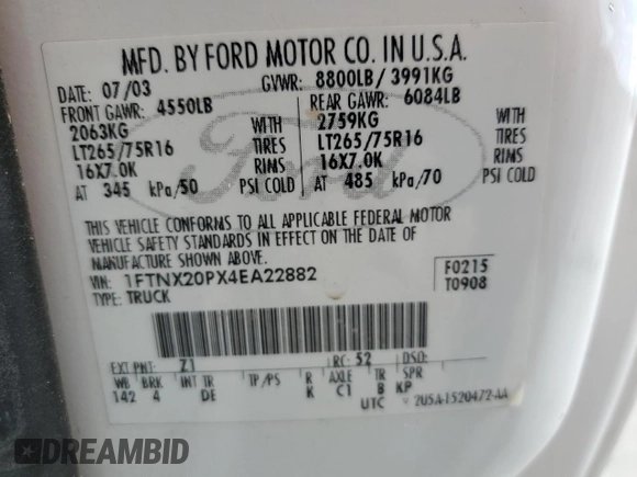 2004 Ford F-250 XL with VIN 1FTNX20PX4EA22882, listed as a Copart auction lot 79014334 with 262,447 mi miles and Salvage title. Bid and sale history available at DreamBid. Image 12.