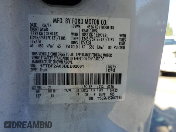 2013 Ford F-250 XL with VIN 1FTBF2A63DEB82081, listed as a Copart auction lot 85269204 with Not provided miles and Salvage title. Bid and sale history available at DreamBid. Image 12.