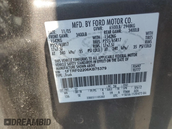 2006 Ford F-150 STX with VIN 1FTRF02206KB75379, listed as a Copart auction lot 88476775 with 109,101 mi miles and Salvage Title. Bid and sale history available at carsss.com. Image 12.