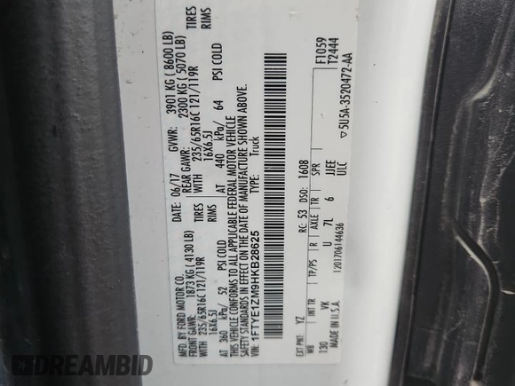 2017 Ford Transit with VIN 1FTYE1ZM9HKB28625, listed as a Copart auction lot 61034765 with 85,673 mi miles and Clean title. Bid and sale history available at DreamBid. Image 14.