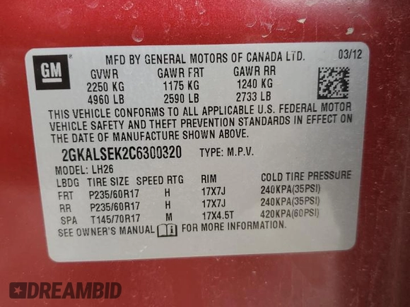 2012 GMC Terrain SLE-2 with VIN 2GKALSEK2C6300320, listed as a Copart auction lot 50974945 with 127,001 mi miles and Salvage Title. Bid and sale history available at DreamBid. Image 13.