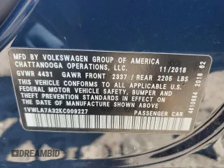 2019 Volkswagen Passat 2.0T Wolfsburg Edition with VIN 1VWLA7A32KC009227, listed as a Copart auction lot 44228935 with 70,576 mi miles and Salvage Title. Bid and sale history available at carsss.com. Image 12.