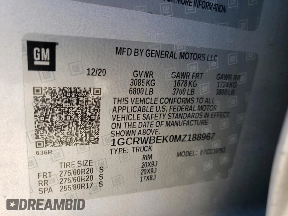 2021 Chevrolet Silverado 1500 Custom with VIN 1GCRWBEK0MZ188967, listed as a Copart auction lot 87637995 with 104,744 mi miles and Salvage Title. Bid and sale history available at DreamBid. Image 12.