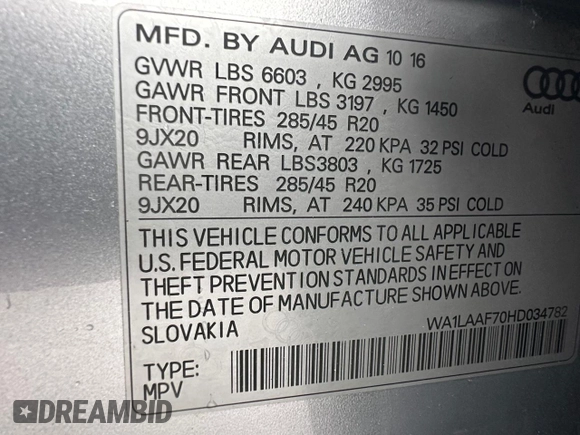 2017 Audi Q7 Premium Plus with VIN WA1LAAF70HD034782, listed as a Copart auction lot 56847135 with 136,433 mi miles and Clean title. Bid and sale history available at DreamBid. Image 14.
