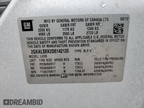 2013 GMC Terrain SLE with VIN 2GKALSEK2D6142126, listed as a Copart auction lot 49909705 with 144,396 mi miles and Clean Title. Bid and sale history available at DreamBid. Image 13.