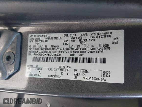 2014 Ford Escape SE with VIN 1FMCU0GX7EUC46334, listed as a IAAI auction lot 41932120 with 126,861 mi miles. Bid and sale history available at carsss.com. Image 9.