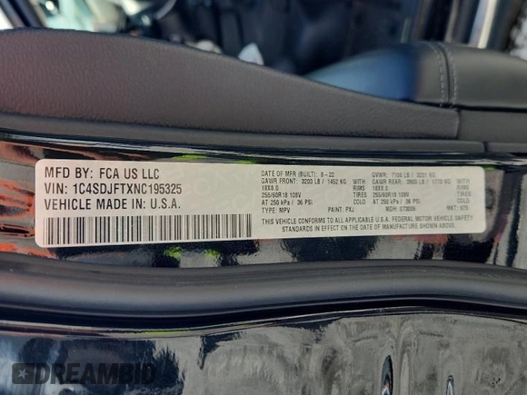 2022 Dodge Durango Pursuit with VIN 1C4SDJFTXNC195325, listed as a Copart auction lot 63307725 with Not provided miles and Salvage title. Bid and sale history available at DreamBid. Image 14.