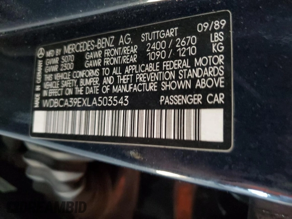 1990 Mercedes-Benz 560 with VIN WDBCA39EXLA503543, listed as a Copart auction lot 83086254 with 195,635 mi miles and Clean Title. Bid and sale history available at DreamBid. Image 12.
