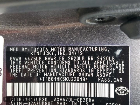 2019 Toyota Camry XSE with VIN 4T1B61HK5KU220194, listed as a Copart auction lot 53753995 with 54,663 mi miles and Salvage Title. Bid and sale history available at carsss.com. Image 12.