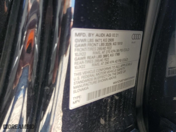 2021 Audi Q8 Prestige with VIN WA1CVAF16MD028995, listed as a Copart auction lot 48375315 with 26,720 mi miles and Salvage Title. Bid and sale history available at carsss.com. Image 14.
