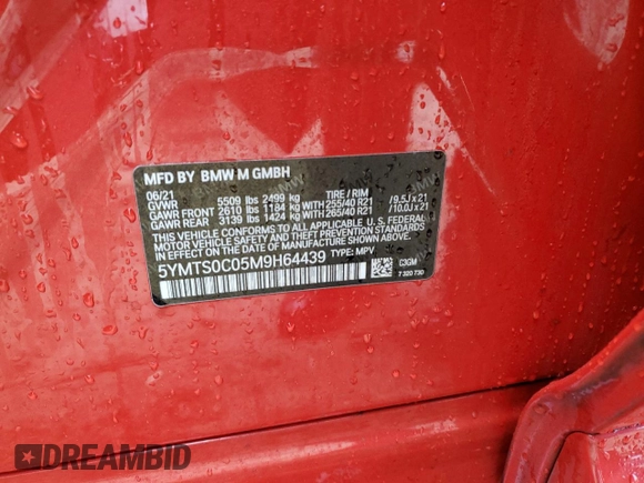2021 BMW X3 M z VIN 5YMTS0C05M9H64439, wystawiony jako Copart lot #50178655 z przebiegiem Nie podano mil oraz Szkoda całkowita • Salvage title. Historia ofert i sprzedaży dostępna na DreamBid. Obrazek 15.
