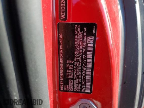 2021 Toyota Supra 2.0 z VIN WZ1DB2C0XMW043722, wystawiony jako Copart lot #82909334 z przebiegiem Nie podano mil oraz Szkoda całkowita • Salvage title. Historia ofert i sprzedaży dostępna na DreamBid. Obrazek 14.