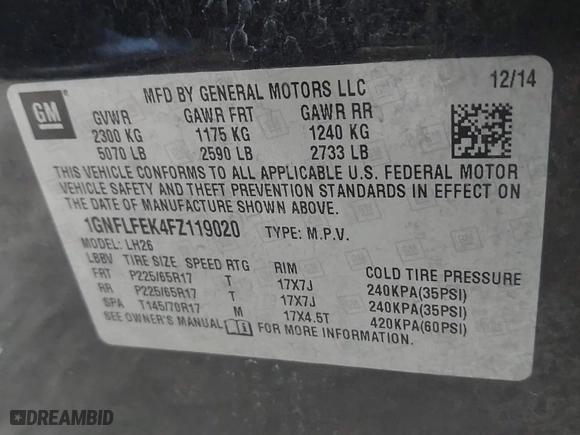 2015 Chevrolet Equinox LT with VIN 1GNFLFEK4FZ119020, listed as a IAAI auction lot 41800388 with 149,090 mi miles. Bid and sale history available at carsss.com. Image 9.