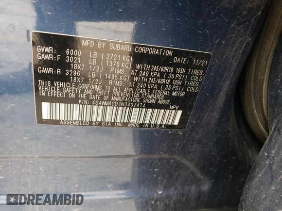 2022 Subaru Ascent Premium with VIN 4S4WMACD1N3407474, listed as a Copart auction lot 43027545 with 81,324 mi miles and Salvage title. Bid and sale history available at DreamBid. Image 13.