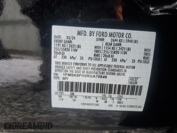 2024 Ford Explorer Limited with VIN 1FMSK8FH5RGA70849, listed as a Copart auction lot 46107075 with 24,753 mi miles and Clean Title. Bid and sale history available at carsss.com. Image 13.