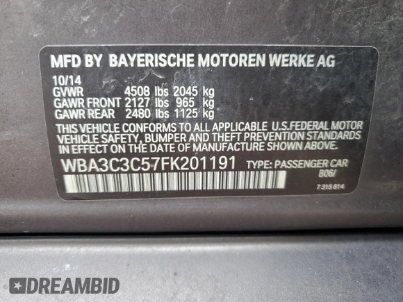 2015 BMW 3 Series 320i xDrive with VIN WBA3C3C57FK201191, listed as a Copart auction lot 43704805 with 153,315 mi miles and Salvage title. Bid and sale history available at DreamBid. Image 12.