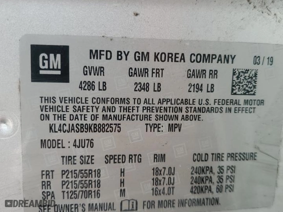 2019 Buick Encore Preferred with VIN KL4CJASB9KB882575, listed as a Copart auction lot 46669845 with 76,631 mi miles and Salvage Title. Bid and sale history available at carsss.com. Image 13.