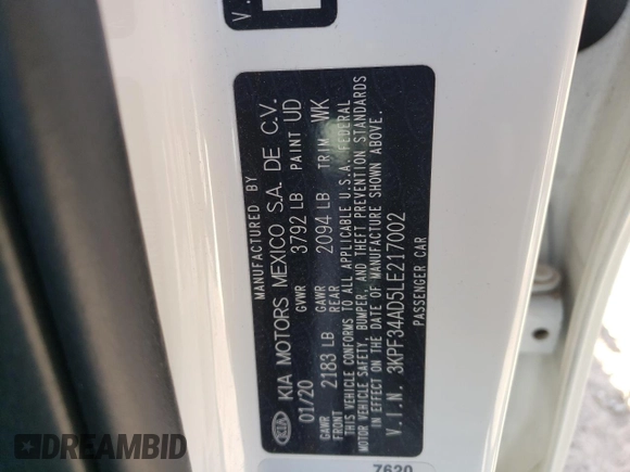 2020 Kia Forte GT-Line with VIN 3KPF34AD5LE217002, listed as a Copart auction lot 78251114 with 39,141 mi miles and Salvage Title. Bid and sale history available at DreamBid. Image 13.