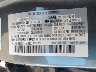 2012 Mazda CX-9 Grand Touring with VIN JM3TB3DV1C0367600, listed as a IAAI auction lot 41311589 with 1 mi miles. Bid and sale history available at carsss.com. Image 9.