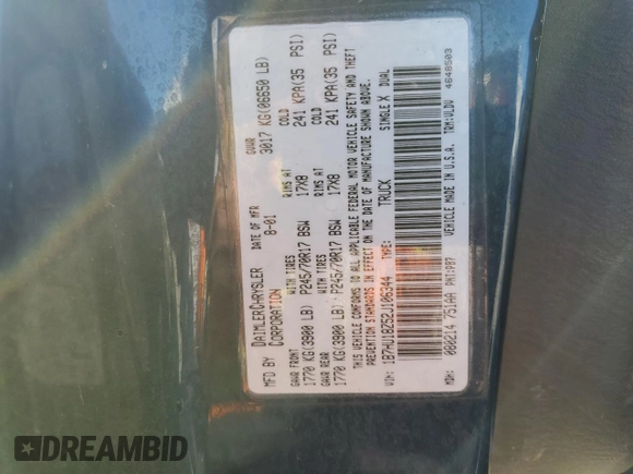 2002 Dodge 1500 z VIN 1B7HU18Z52J106344, wystawiony jako Copart lot #88846255 z przebiegiem Nie podano mil oraz Szkoda całkowita • Salvage title. Historia ofert i sprzedaży dostępna na DreamBid. Obrazek 12.