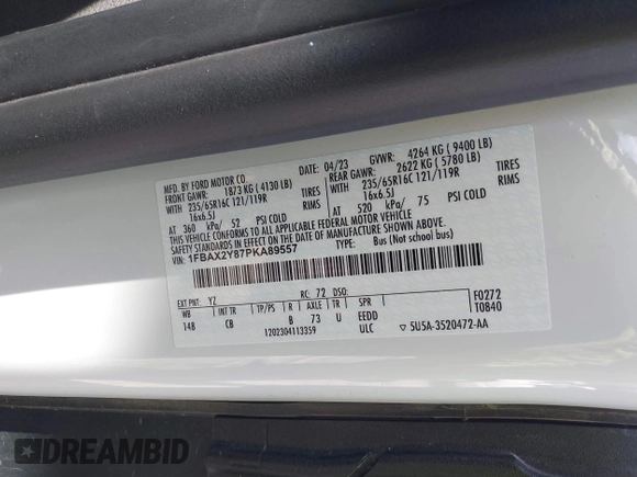 2023 Ford Transit Passenger XL with VIN 1FBAX2Y87PKA89557, listed as a IAAI auction lot 42580341 with 34,151 mi miles and . Bid and sale history available at DreamBid. Image 9.
