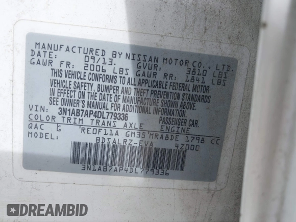 2013 Nissan Sentra S with VIN 3N1AB7AP4DL779336, listed as a IAAI auction lot 42085602 with 141,795 mi miles and . Bid and sale history available at DreamBid. Image 9.