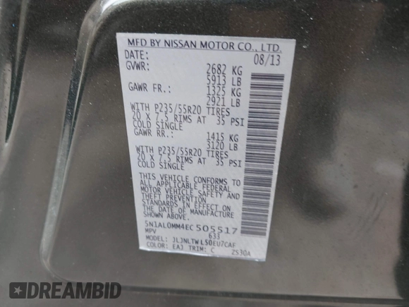 2014 Infiniti QX60 z VIN 5N1AL0MM4EC505517, wystawiony jako IAAI lot #42688884 z przebiegiem 140 878 mil mil oraz . Historia ofert i sprzedaży dostępna na DreamBid. Obrazek 9.