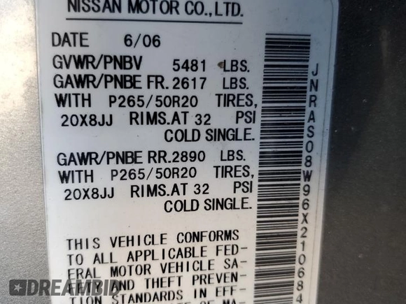 2006 Infiniti FX35 with VIN JNRAS08W96X210684, listed as a Copart auction lot 80438524 with 124,929 mi miles and Salvage Title. Bid and sale history available at carsss.com. Image 14.