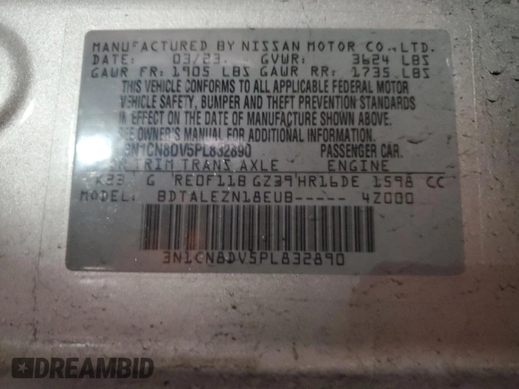 2023 Nissan Versa S z VIN 3N1CN8DV5PL832890, wystawiony jako Copart lot #43511595 z przebiegiem 24 836 mil mil oraz Szkoda całkowita • Salvage title. Historia ofert i sprzedaży dostępna na DreamBid. Obrazek 12.