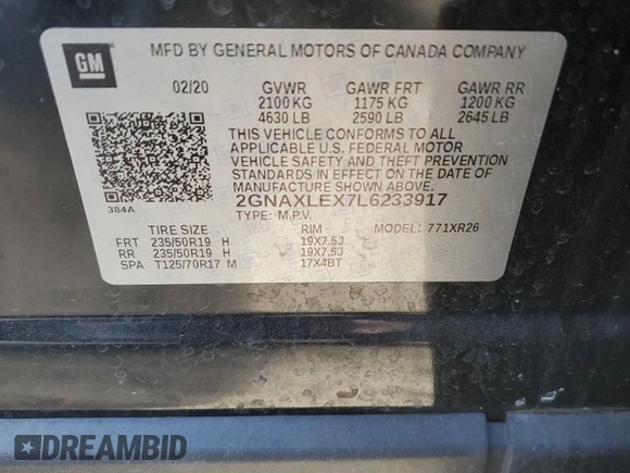 2020 Chevrolet Equinox LT with VIN 2GNAXLEX7L6233917, listed as a Copart auction lot 47210625 with 68,161 mi miles and Salvage Title. Bid and sale history available at carsss.com. Image 13.