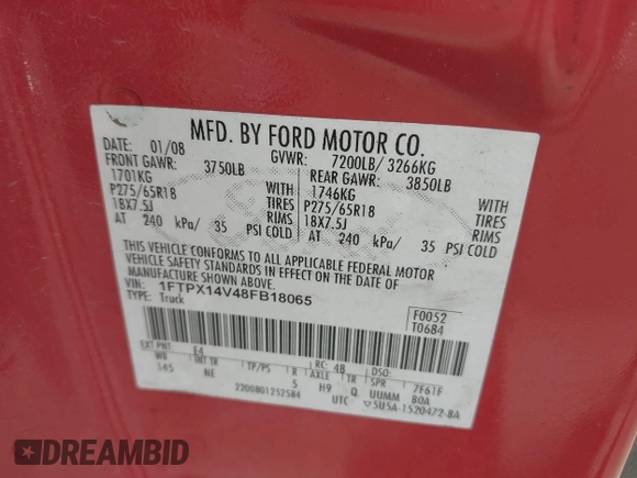 2008 Ford F-150 XLT with VIN 1FTPX14V48FB18065, listed as a IAAI auction lot 42280239 with 201,208 mi miles and . Bid and sale history available at DreamBid. Image 9.