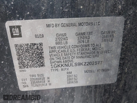 2019 GMC Acadia SLT with VIN 1GKKNULS9KZ202577, listed as a IAAI auction lot 41925682 with 138,414 mi miles and . Bid and sale history available at DreamBid. Image 9.