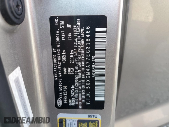 2014 Kia Optima LX with VIN 5XXGM4A77EG318466, listed as a Copart auction lot 65451805 with 196,970 mi miles and Clean title. Bid and sale history available at DreamBid. Image 12.