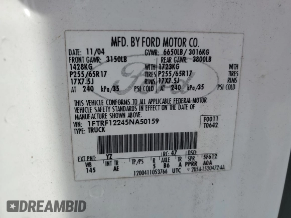 2005 Ford F-150 XL with VIN 1FTRF12245NA50159, listed as a Copart auction lot 48482775 with 96,334 mi miles and Salvage Title. Bid and sale history available at carsss.com. Image 14.