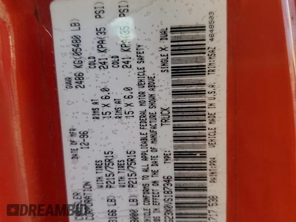 1997 Dodge Dakota z VIN 1B7GG23X0VS187346, wystawiony jako Copart lot #79128194 z przebiegiem 116 778 mil mil oraz Szkoda całkowita • Salvage title. Historia ofert i sprzedaży dostępna na DreamBid. Obrazek 12.