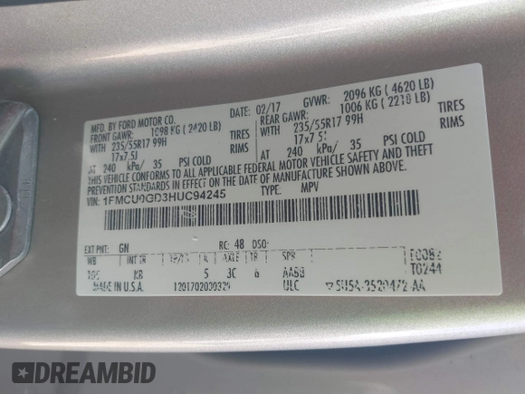 2017 Ford Escape SE with VIN 1FMCU0GD3HUC94245, listed as a IAAI auction lot 41877799 with 214,571 mi miles. Bid and sale history available at carsss.com. Image 9.