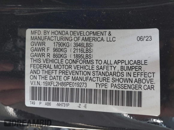 2023 Honda Civic Sport with VIN 19XFL2H86PE019273, listed as a IAAI auction lot 42066031 with 63,817 mi miles and . Bid and sale history available at DreamBid. Image 9.