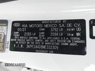 2021 Kia Forte LXS with VIN 3KPF24AD8ME332309, listed as a IAAI auction lot 41885851 with 27,395 mi miles. Bid and sale history available at carsss.com. Image 9.